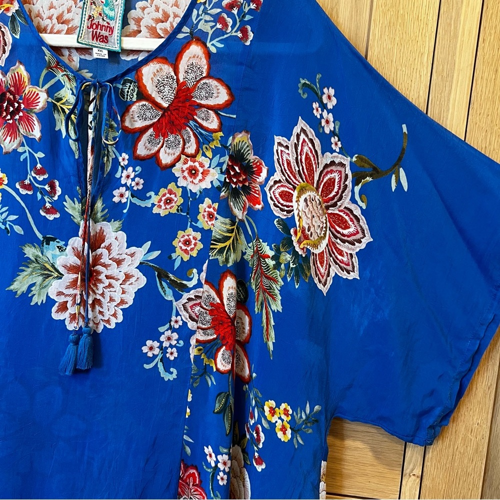 Johnny Was Zadie Tassel Tie Floral Blouse Blue Multi Size XXL Bohemian Coastal - Picture 5 of 8